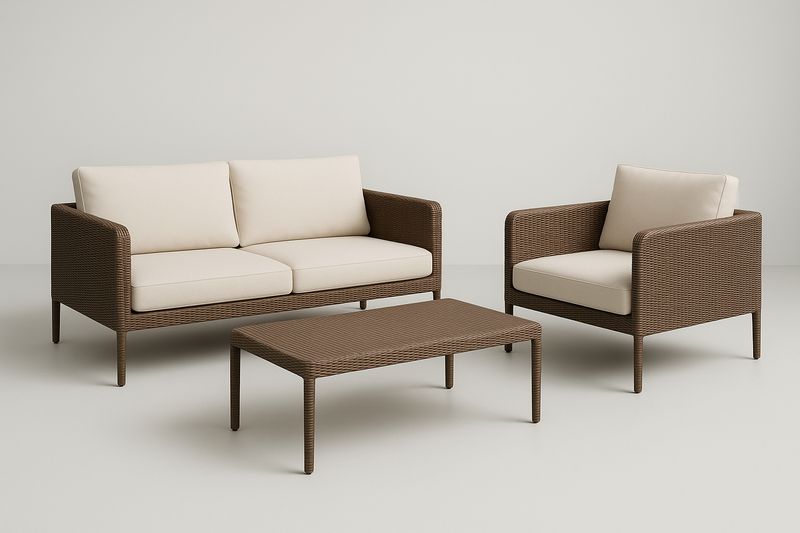 Gartenmöbel-Set aus Polyrattan mit Sofa, Sesseln und Tisch, Braun/Beige