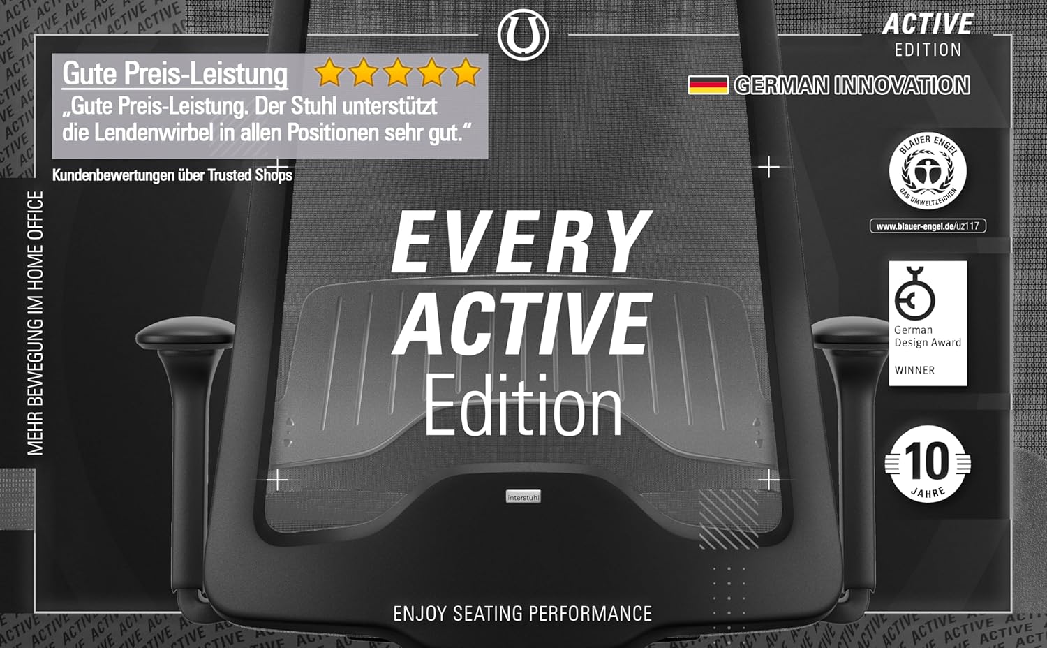 Interstuhl Bürostuhl Every Active Edition – ergonomischer Schreibtisch- und Gaming-Stuhl – Lordosenstütze für gesünderes Sitzen – vereint gesundes und aktives Sitzen (Anthrazit | Schwarz)
