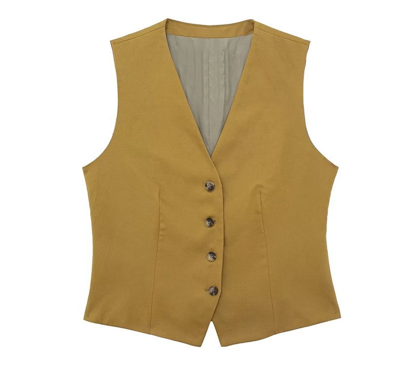 SugaYuja - V-hals effen knoopjesvest / hoge taille midi A-lijn rok / set