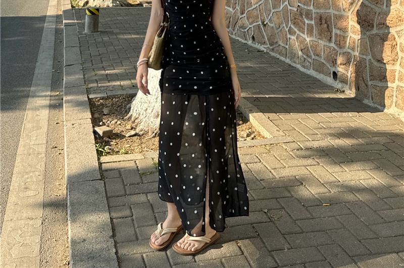 Duwnie - Maxi-zeemeerminjurk met korte mouwen, vierkante hals, stippen en zijsplit