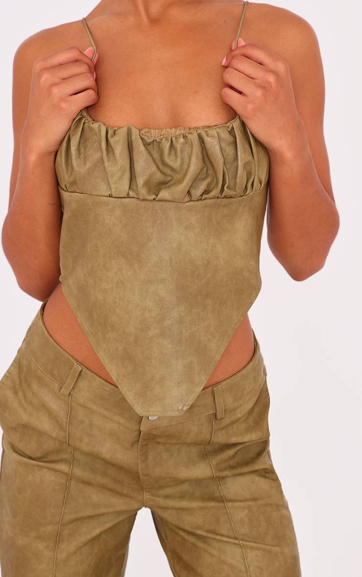 Vert Olive Pantalon Évasé Taille Basse En Synthétique Lavé Premium