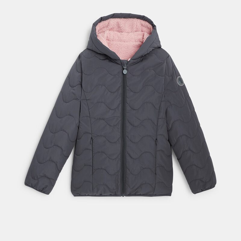 Blouson matelassé et moumoute réversible gris fille