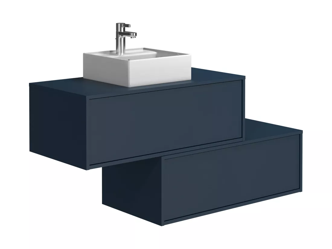 Meuble de salle de bain suspendu bleu nuit avec simple vasque carrée et deux tiroirs - 94 cm - TEANA II