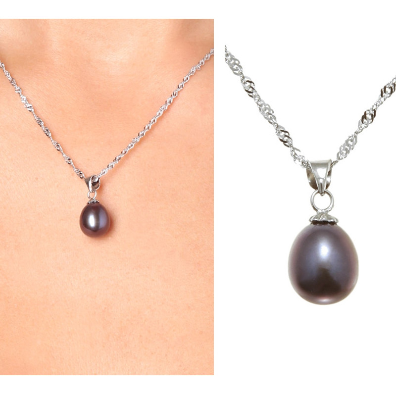 Pendentif Femme Perle de culture d'eau douce Noir ou Blanc et Argent 925/1000