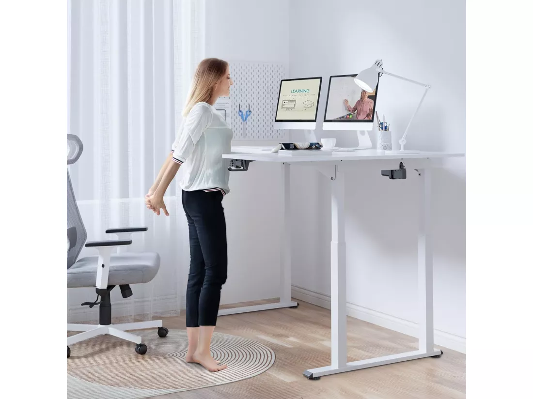 Bureau Assis Debout électrique réglable en hauteur,Bureau en L à 2 moteurs,Bureau d’angle,Panneau,Super stabilité,180x110x72-117cm,Moderne,Blanc