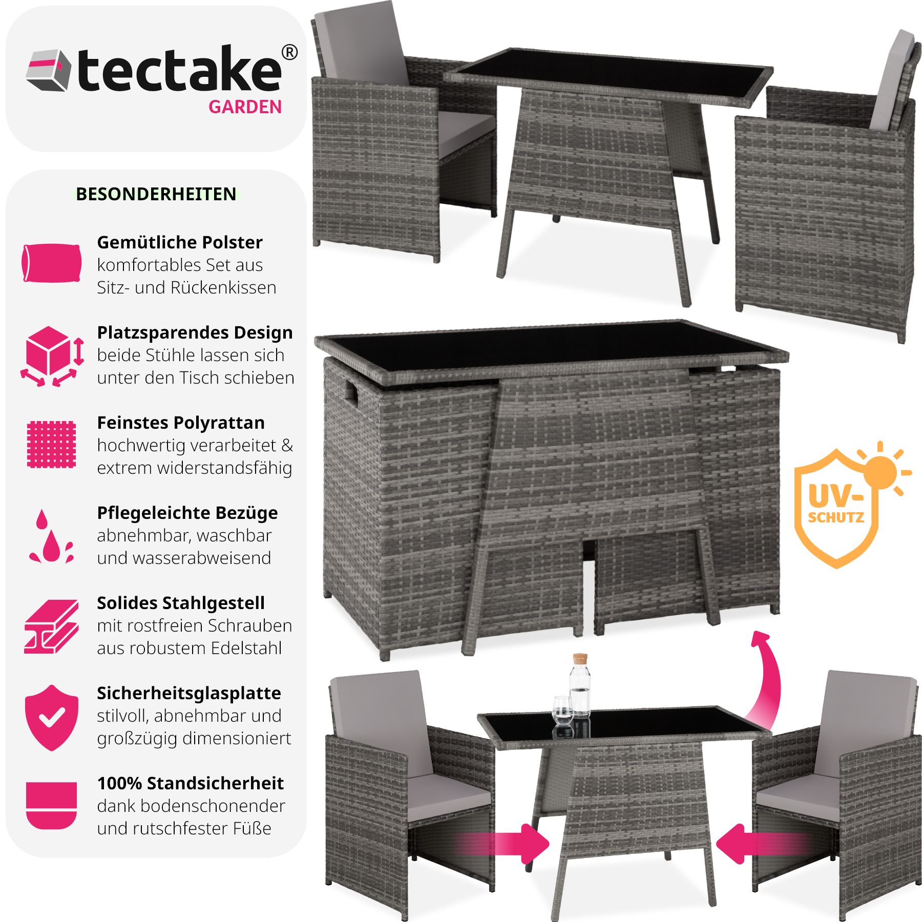 tectake® Rattan Sitzgruppe, für 2 Personen, UV-beständig, zusammenschiebbar