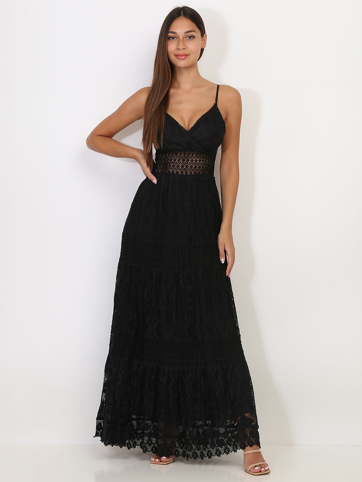 Robe longue en dentelle- Noir