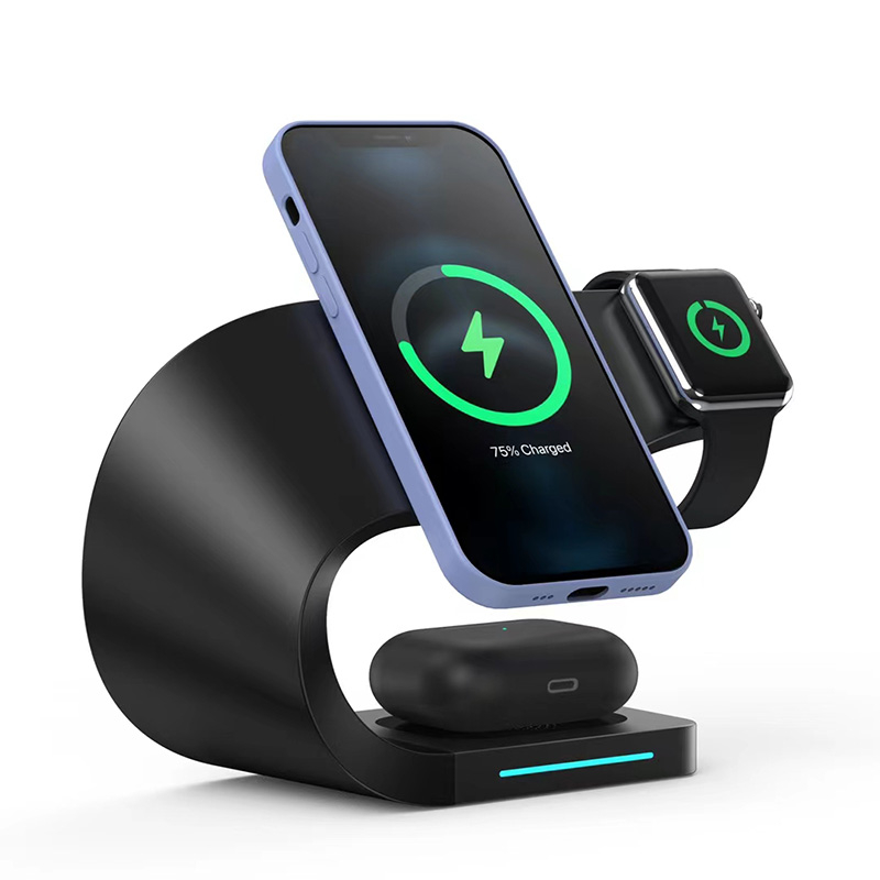 (15W) 4in1 Magnetischer Qi Wireless Charger für Apple Watch / Smartphone / AirPods Dockingstation mit LED Licht - Schwarz