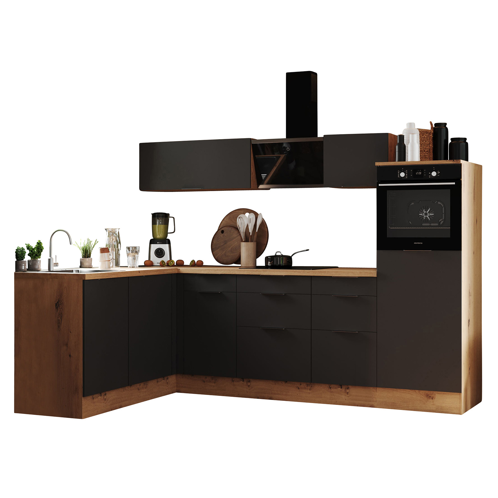 RESPEKTA Winkelküche - grau matt - Artisan Eiche - mit E-Geräten - 280 cm