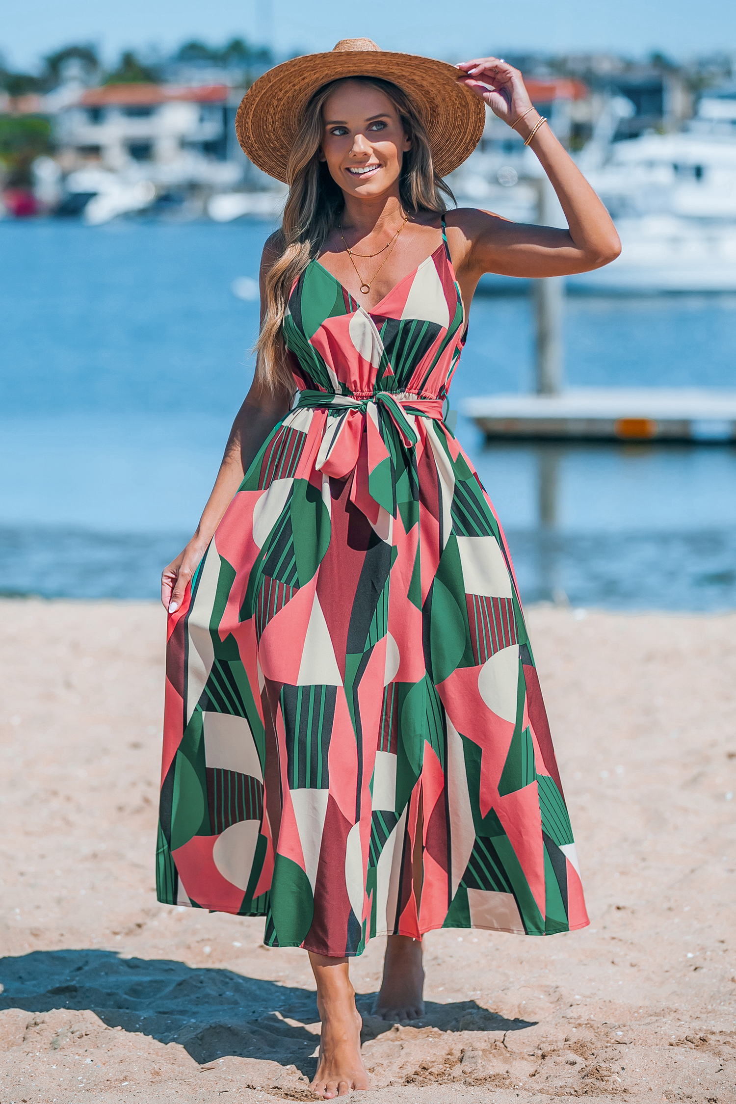 Robe midi sans manches avec taille à nouer géométrique