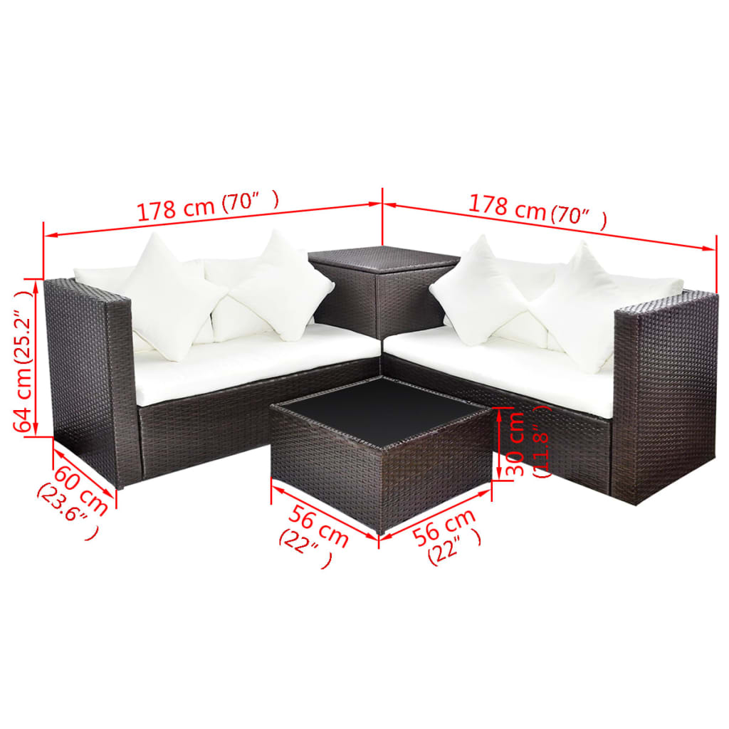 Salon de jardin meuble d'extérieur ensemble de mobilier 4 pièces avec coussins résine tressée marron