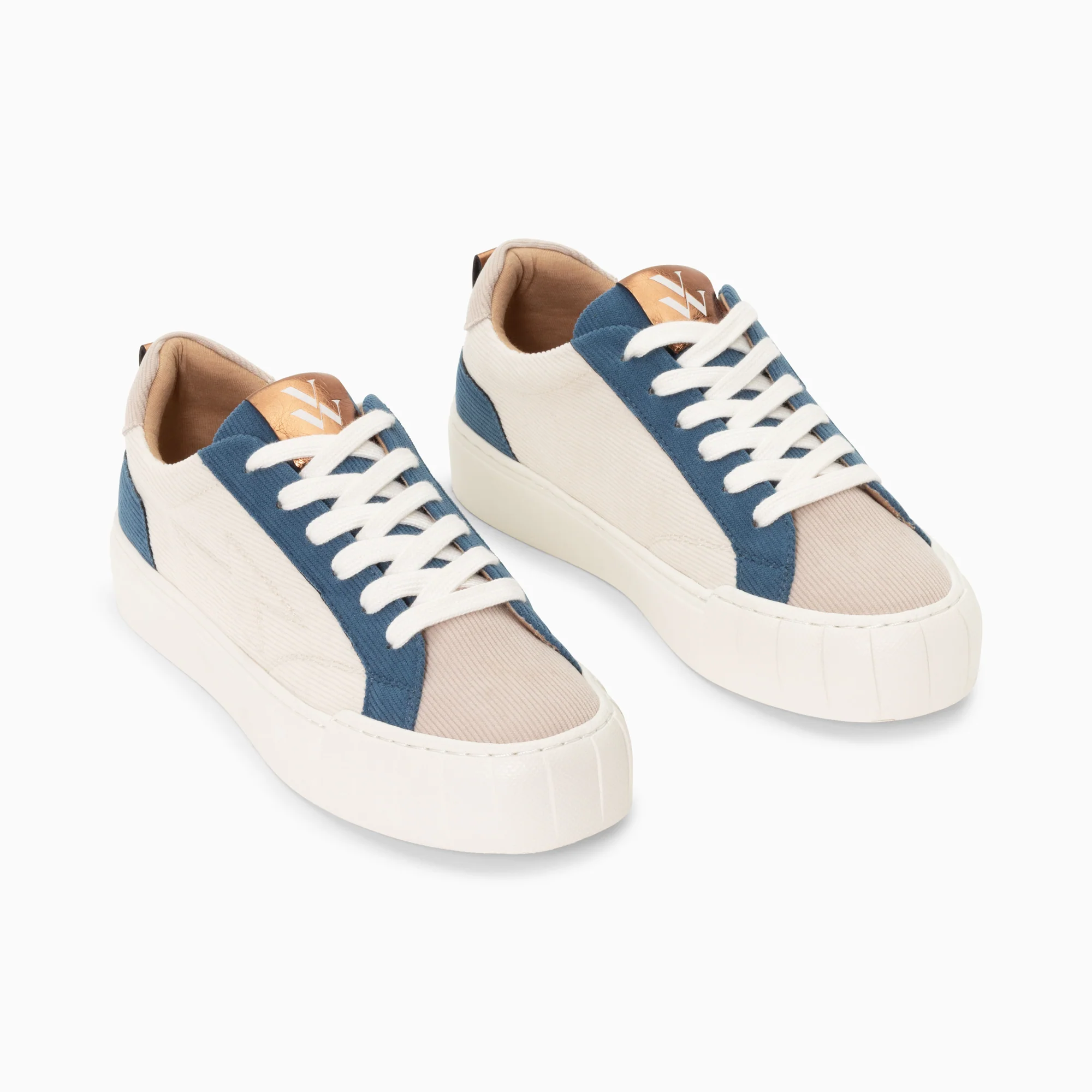 Sneakers-Baskets Fara côtelées beige et bleu à lacets