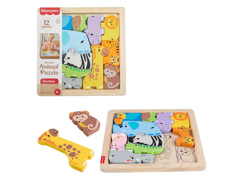 Fisher-Price 2-in-1 Tierwelt aus Holz 2-in-1 Holzpuzzle mit Tiermotiven, Formensortierspiel mit 13 Teilen für Kinder ab 2 Jahren