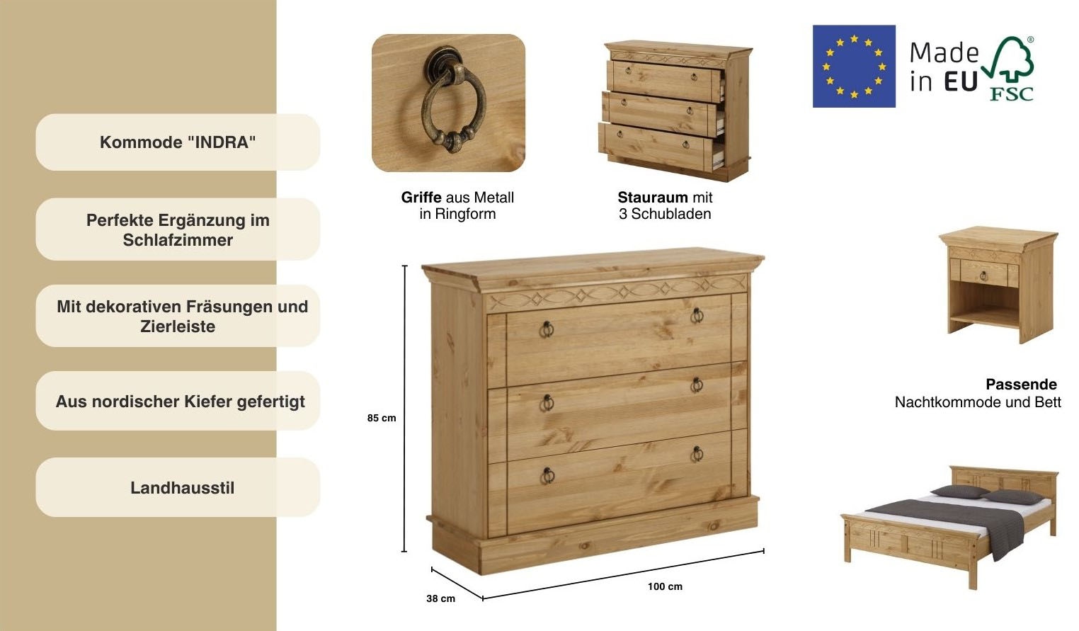 Home affaire Schubkastenkommode »Indra« aus massiver Kiefer, mit 3 Schubladen, Breite: 100 cm