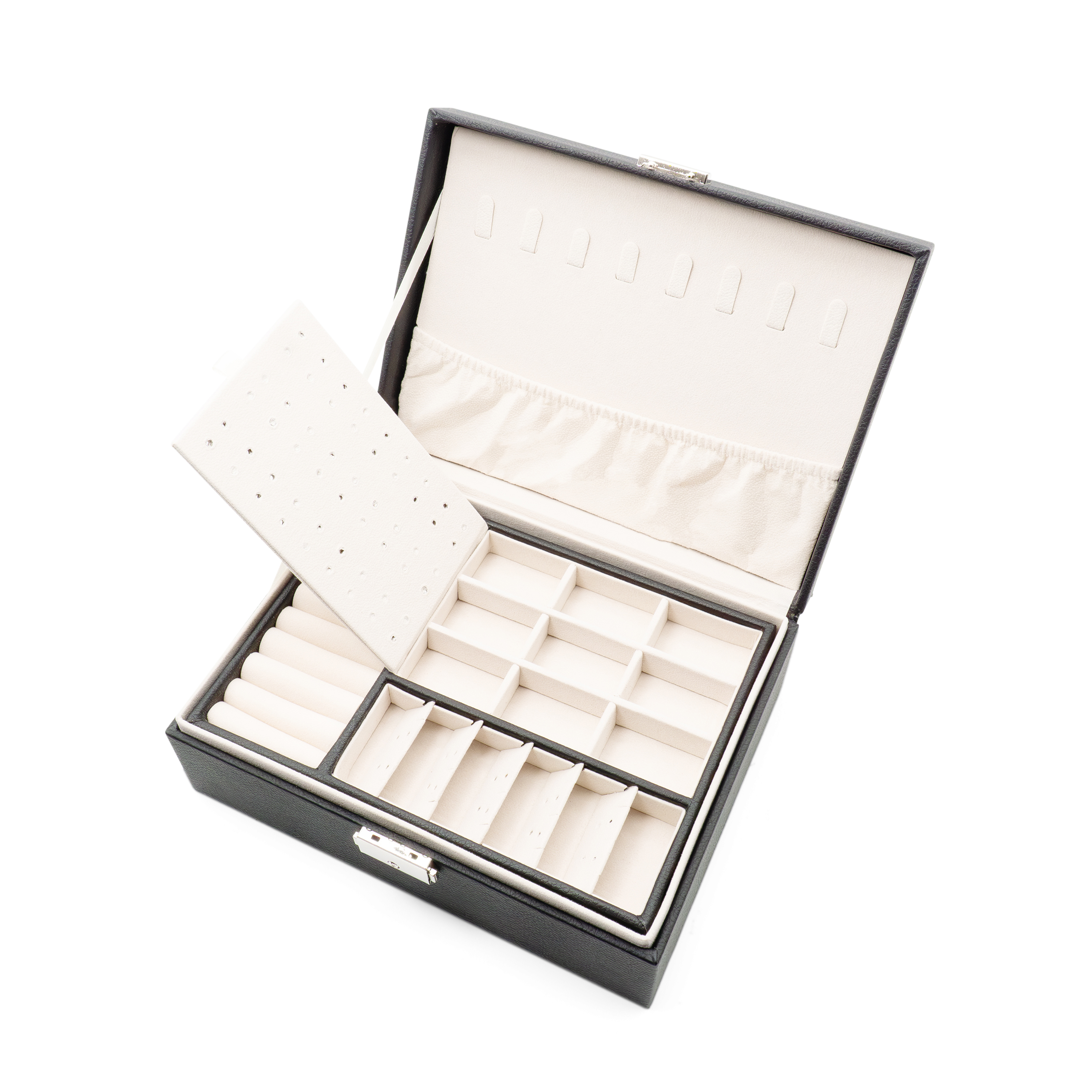 Leder Schmuckschatulle mit Schloss Aufbewahrungsbox Organizer für Ringe / Halskette / Ohrringe / Armbänder - Schwarz
