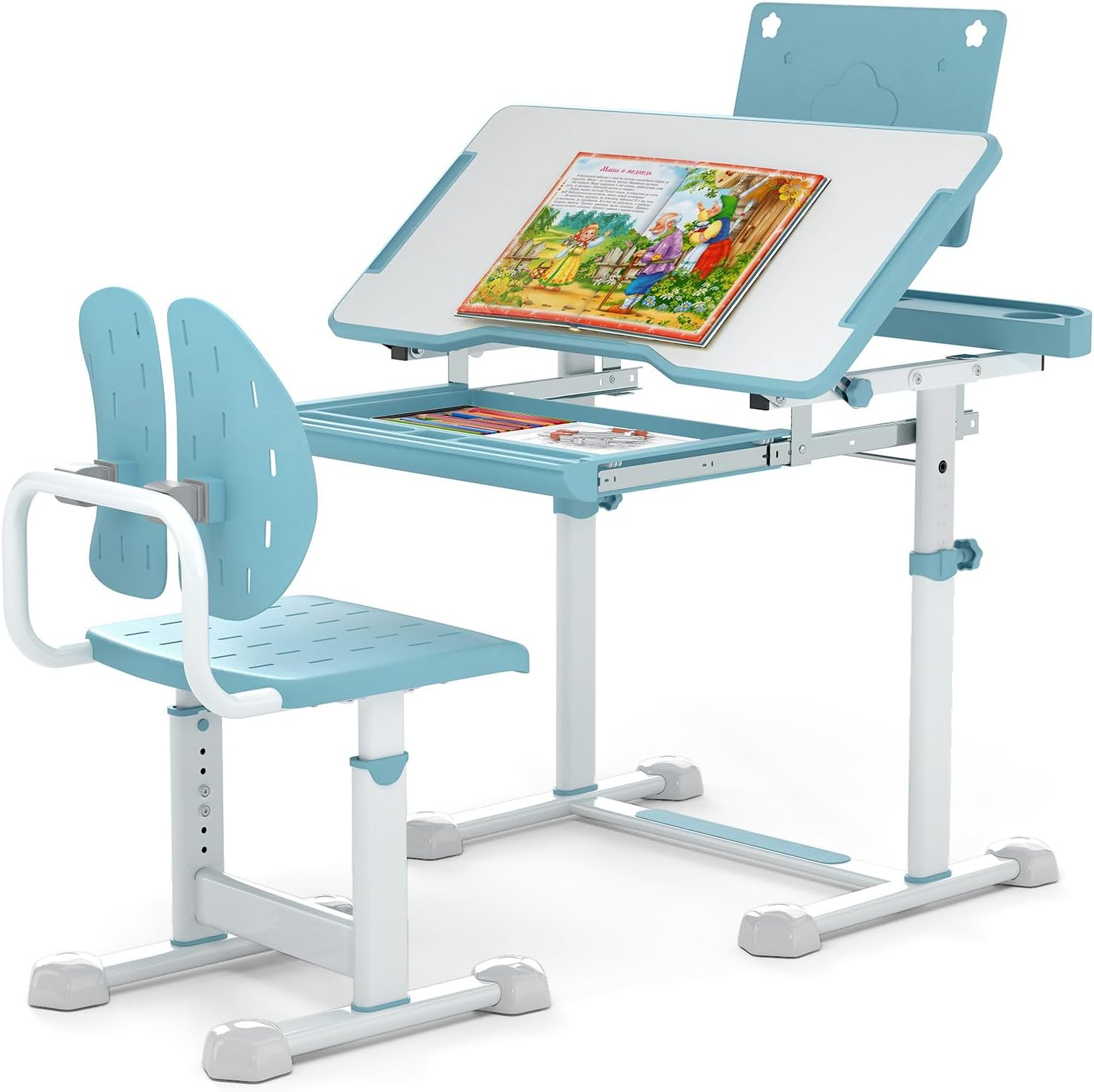 DREAMADE Kinderschreibtisch mit Stuhl, höhenverstellbar Schreibtisch mit neigbarer Tischplatte, Jugendschreibtisch mit Schublade & Buchhalter, Schülerschreibtisch Set für Kinder ab 3 Jahren (Blau)