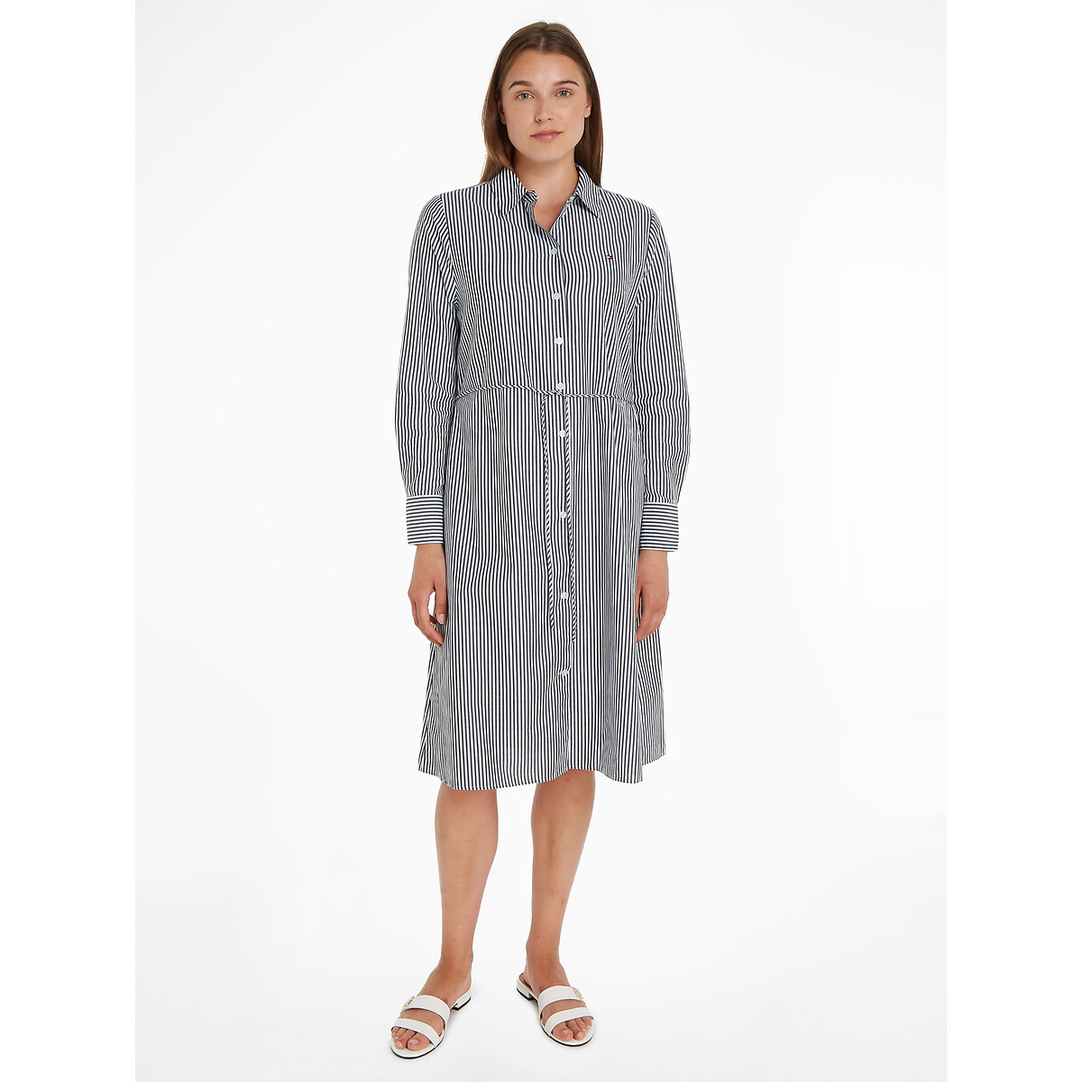 TOMMY HILFIGER<br>Vestido camisa midi de manga comprida, listrado