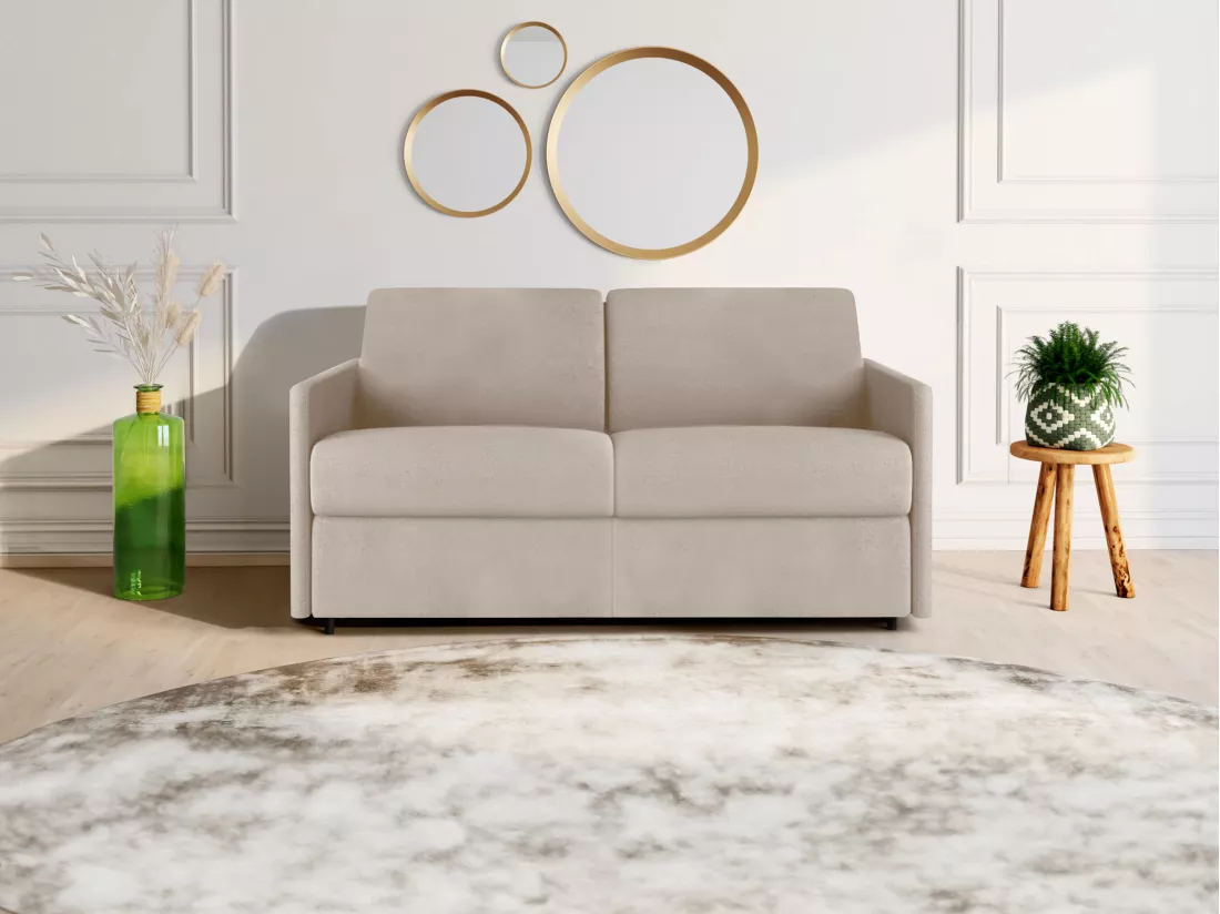 Canapé 2 places convertible express en tissu beige - Couchage 120 cm - Matelas 22 cm CALIFE