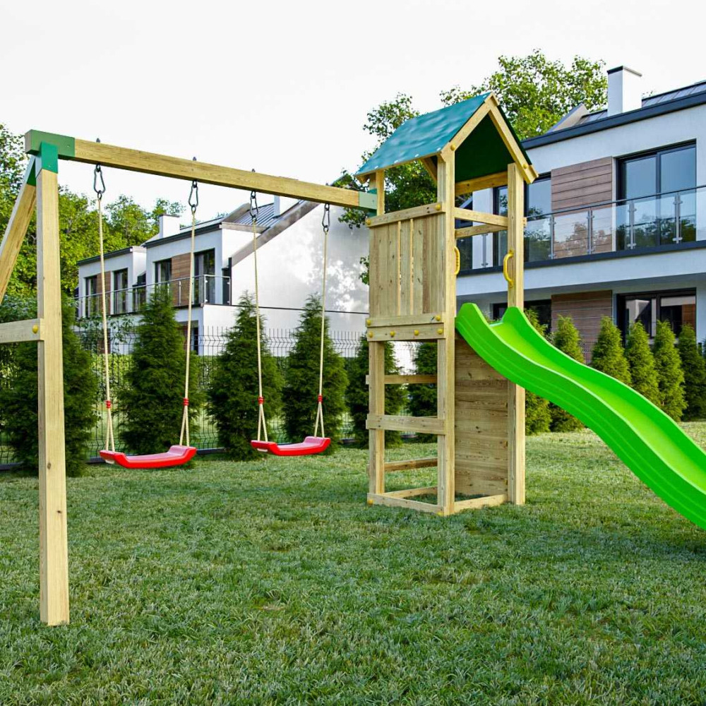 Structure de jeux en bois avec toboggan et balançoire double charly