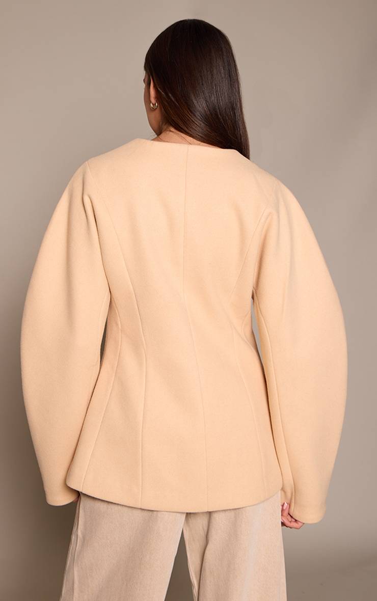 Crème Blazer À Carreaux Sans Col Avec Manches Cocon
