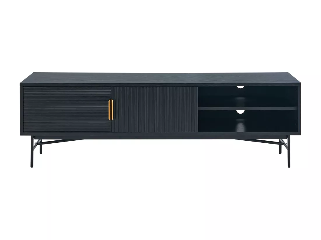 Meuble TV avec 2 portes et 2 niches placage chêne et métal - Noir et Doré - SIRIOLA