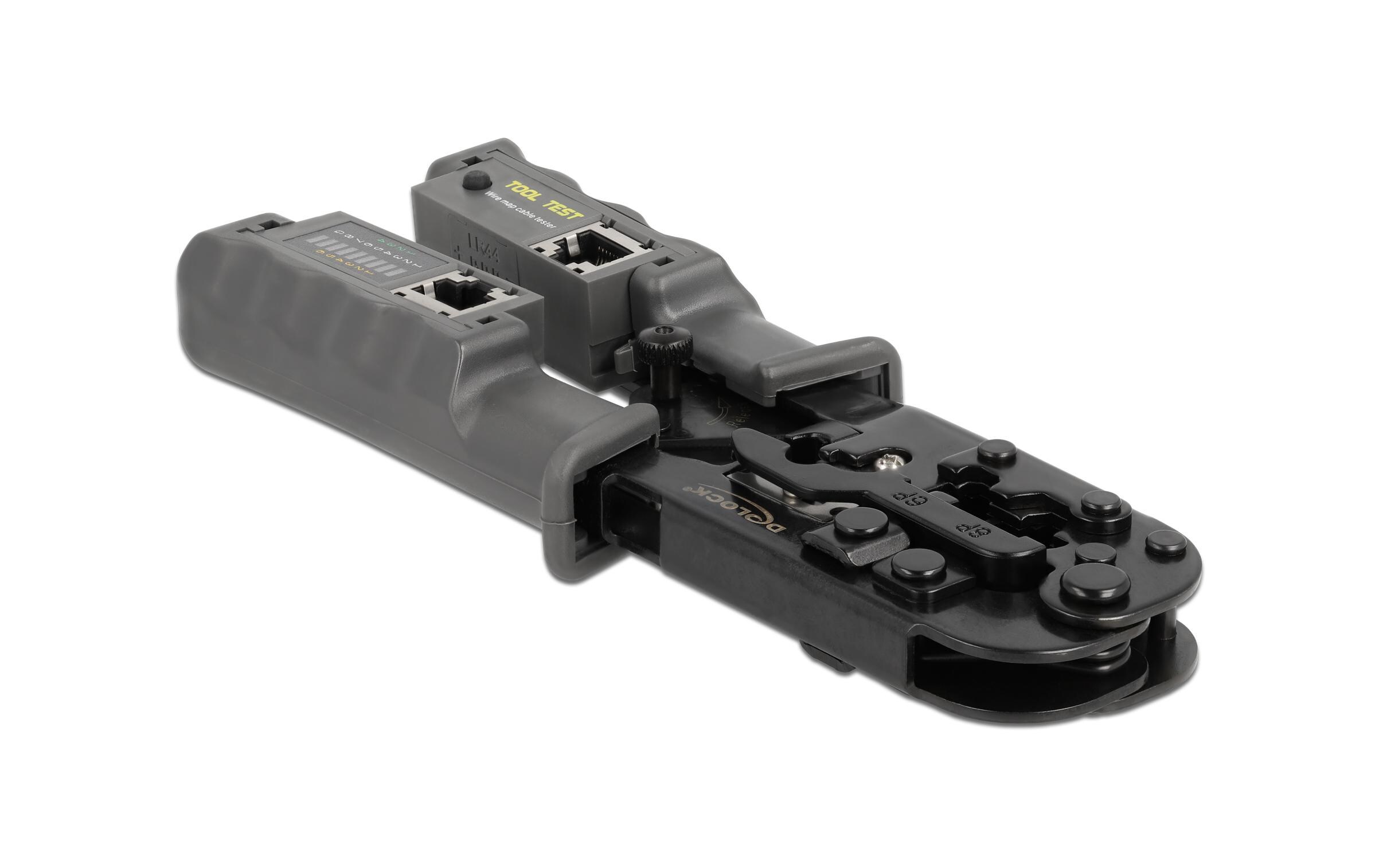Crimpzange mit Abisolierer und NetzwerktesterCrimpzange mit Abisolierer und Netzwerktester für 8P (RJ45), 6P (RJ12/11) oder 4P (RJ10) Stecker