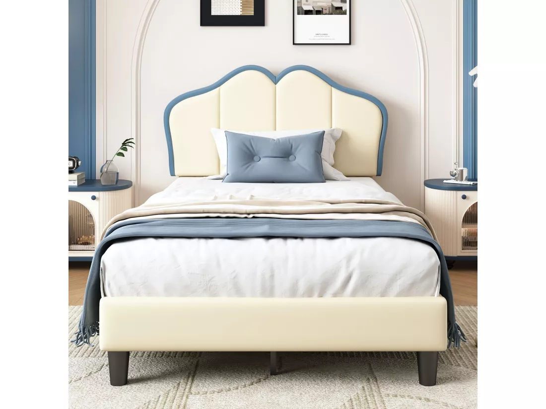Lit enfant 90x200 cm, avec bords de protection souples, tête de lit élégante, PU, blanc + bleu