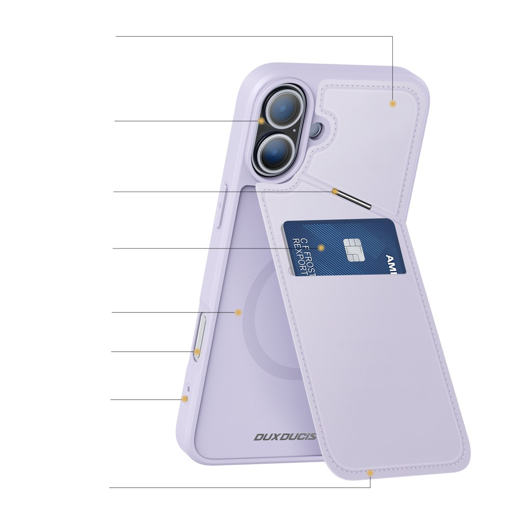 iPhone 16 Plus MagSafe Hybrid Leder Hülle mit Kartenfach   Kickstand Aufsteller (RFID Schutz) - Lila
