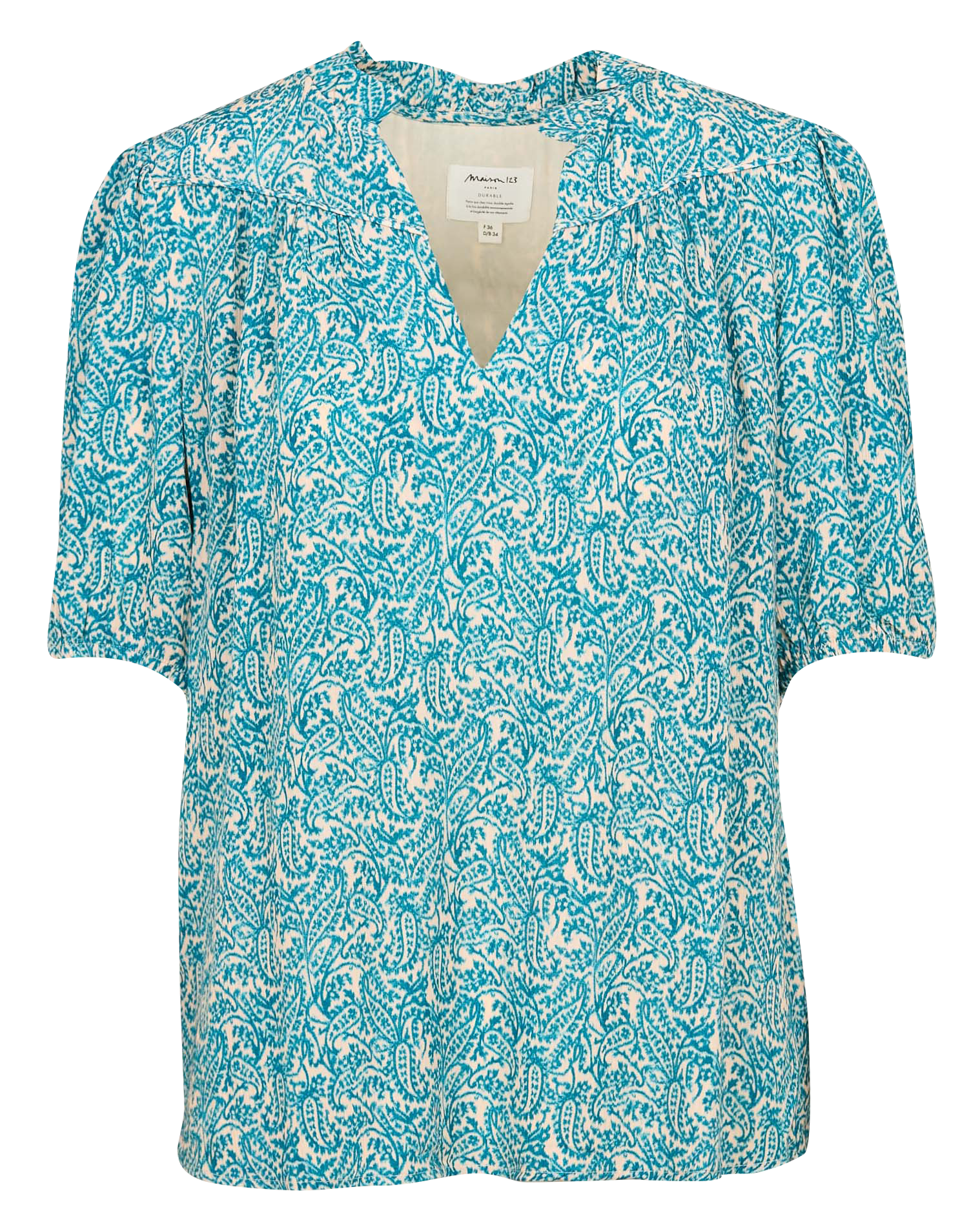 BLUE - Blouse col tunisien droite imprimé | Bleu