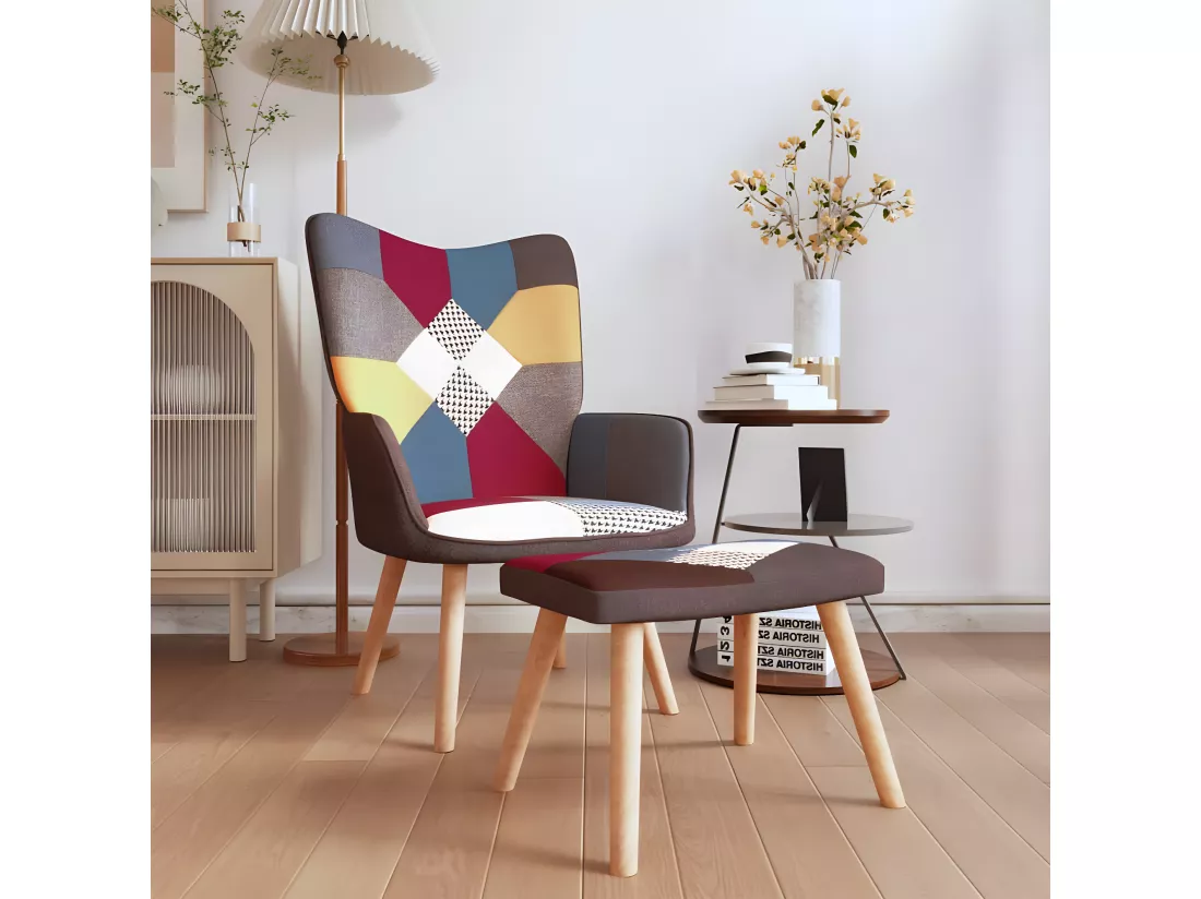 Chaise de relaxation avec repose-pied Patchwork Tissu