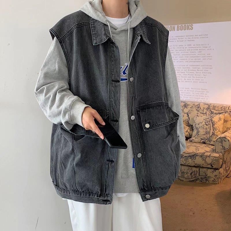 Femilina - Gewassen denim vest met kraag en knopen