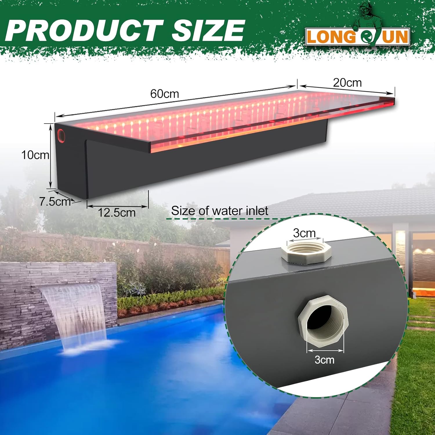 LONGRUN Wasserfall Überlauf APP Kontrolle Mehrfarbig LED-Licht Draussen Pool Brunnen, Acryl Wasser Überlauf Koi Teich Wasserfälle Brunnen Kit für Garten Terrasse Schwimmbad Dekoration -60 cm