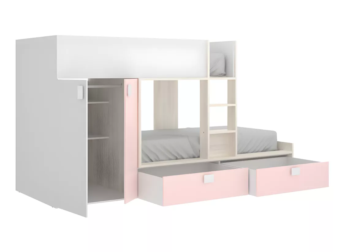 Lits Superposés 2 x 90 x 190 cm - Armoire intégrée - Blanc, naturel et rose + matelas - JUANITO