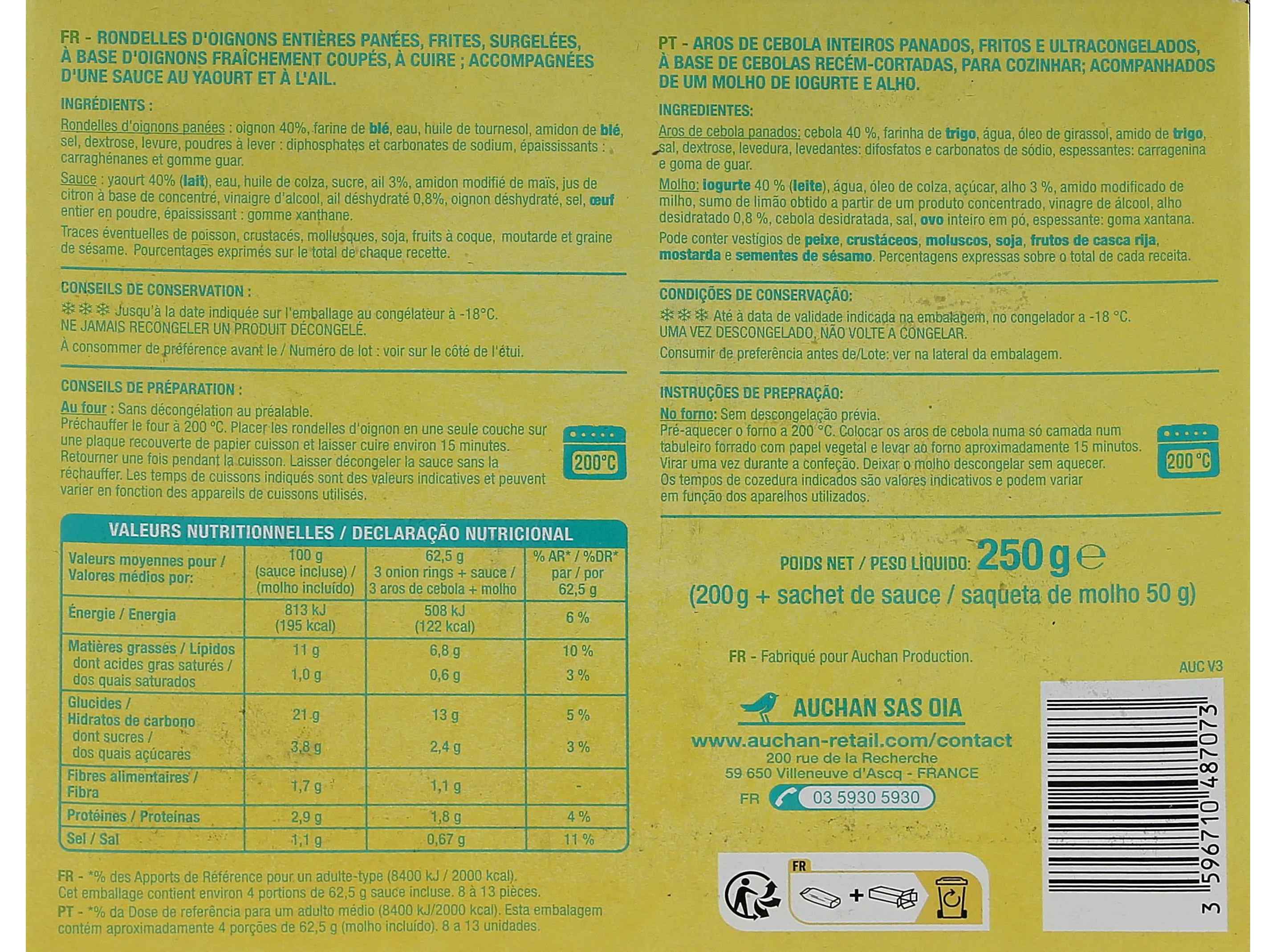 AROS DE CEBOLA AUCHAN PANADOS COM MOLHO IOGURTE E ALHO 250G