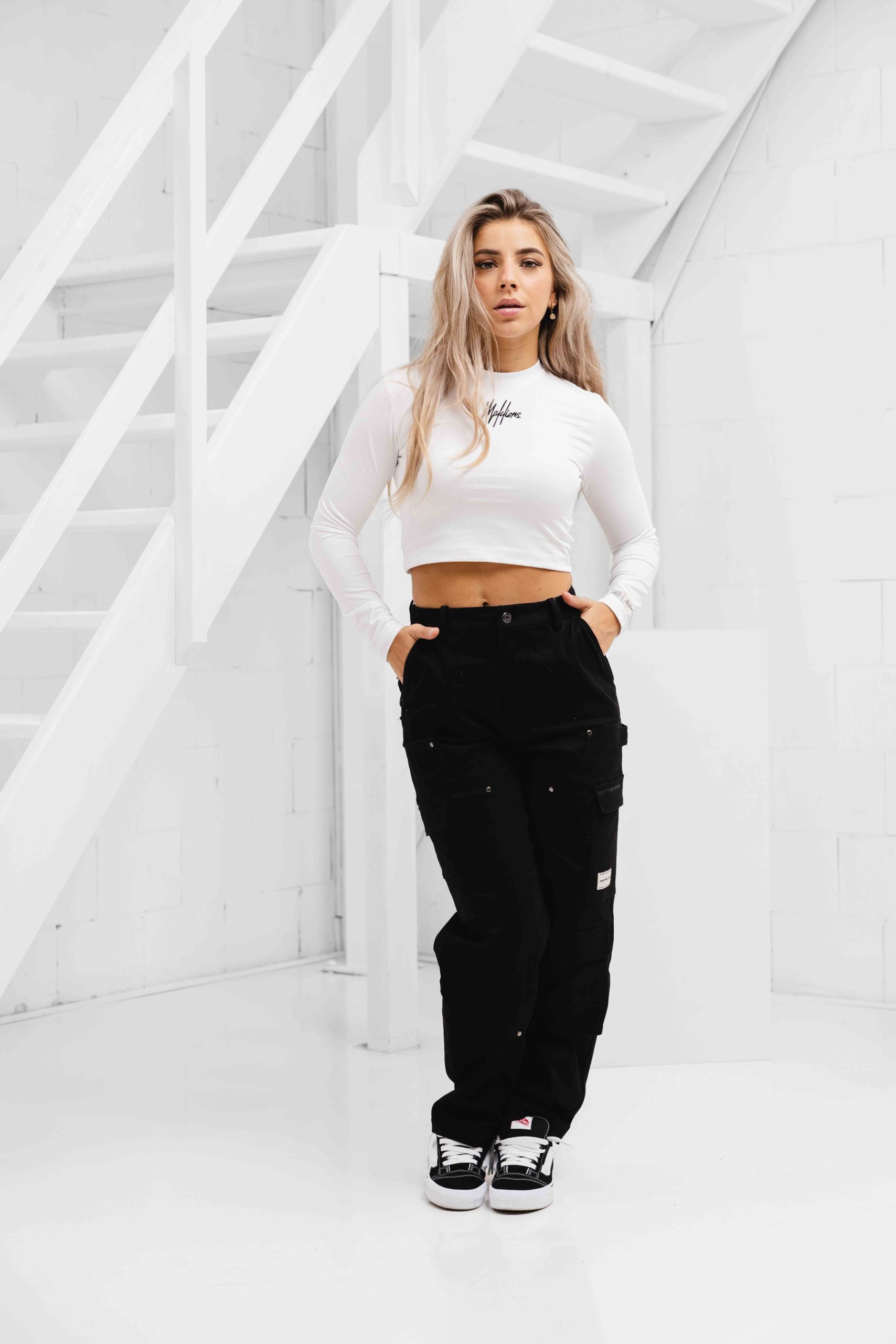 Malelions Lange Mouwen Crop Top Dames Wit