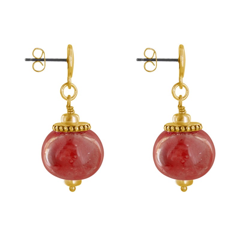 Boucles d'Oreilles Clous Métal Doré et Grosses Perles en Céramique
