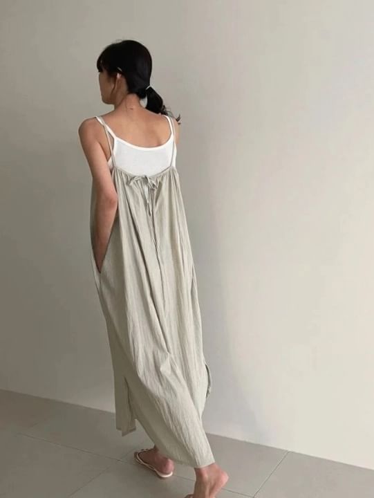 Seoulchic - Spaghettibandjes Effen Gerimpelde Losse Maxi-jurk