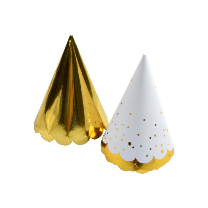 SET 6 CHAPEAUX ANNIVERSAIRE CARTON H.16CM CONFETTIS OR