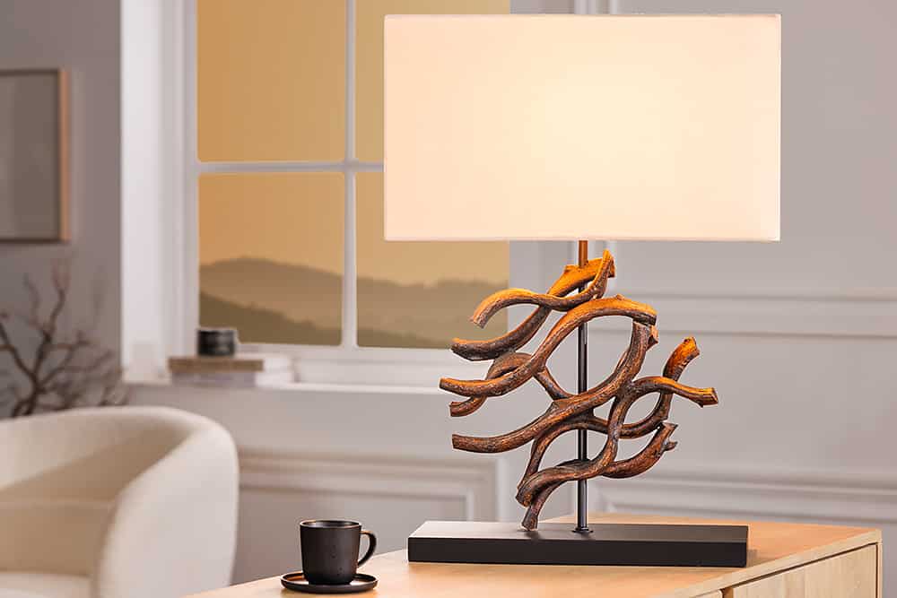 Design Tischlampe WAVE 60cm natur Massivholz handmade beige Baumwollschirm