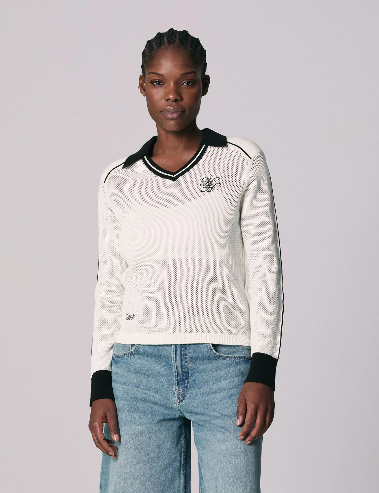 Pull polo à crochet écru