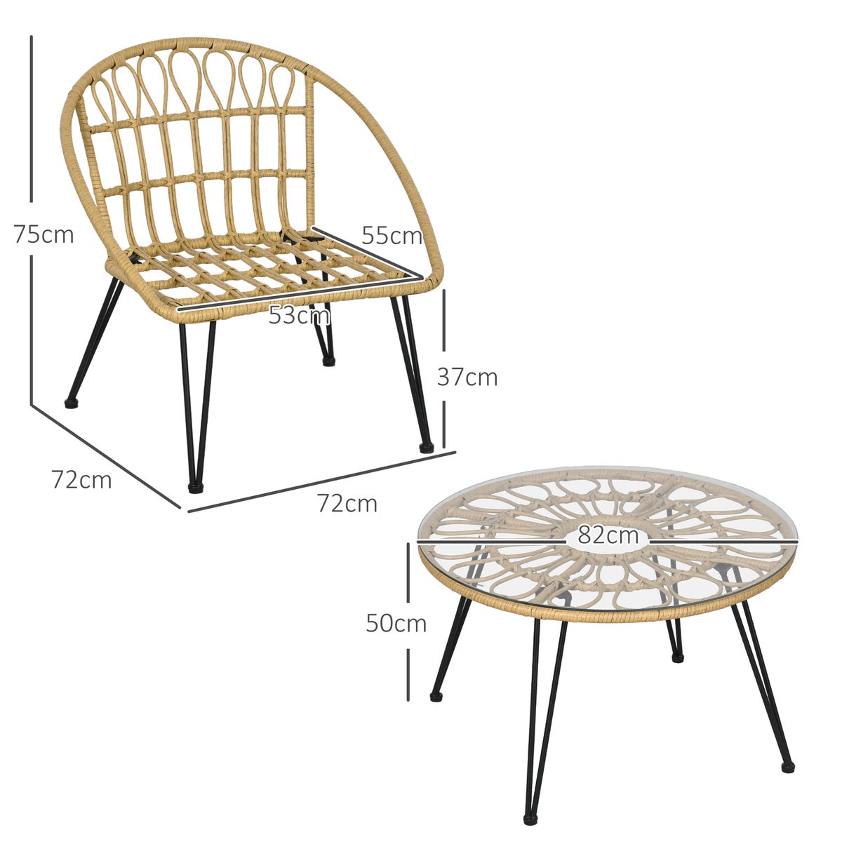 Outsunny 5-delige rotan zitgroep, tuinmeubelset, 1 eettafel, 4 stoelen, met zitkussens, voor balkon, terras, 82L x 82B x 50H cm, polyester, beige