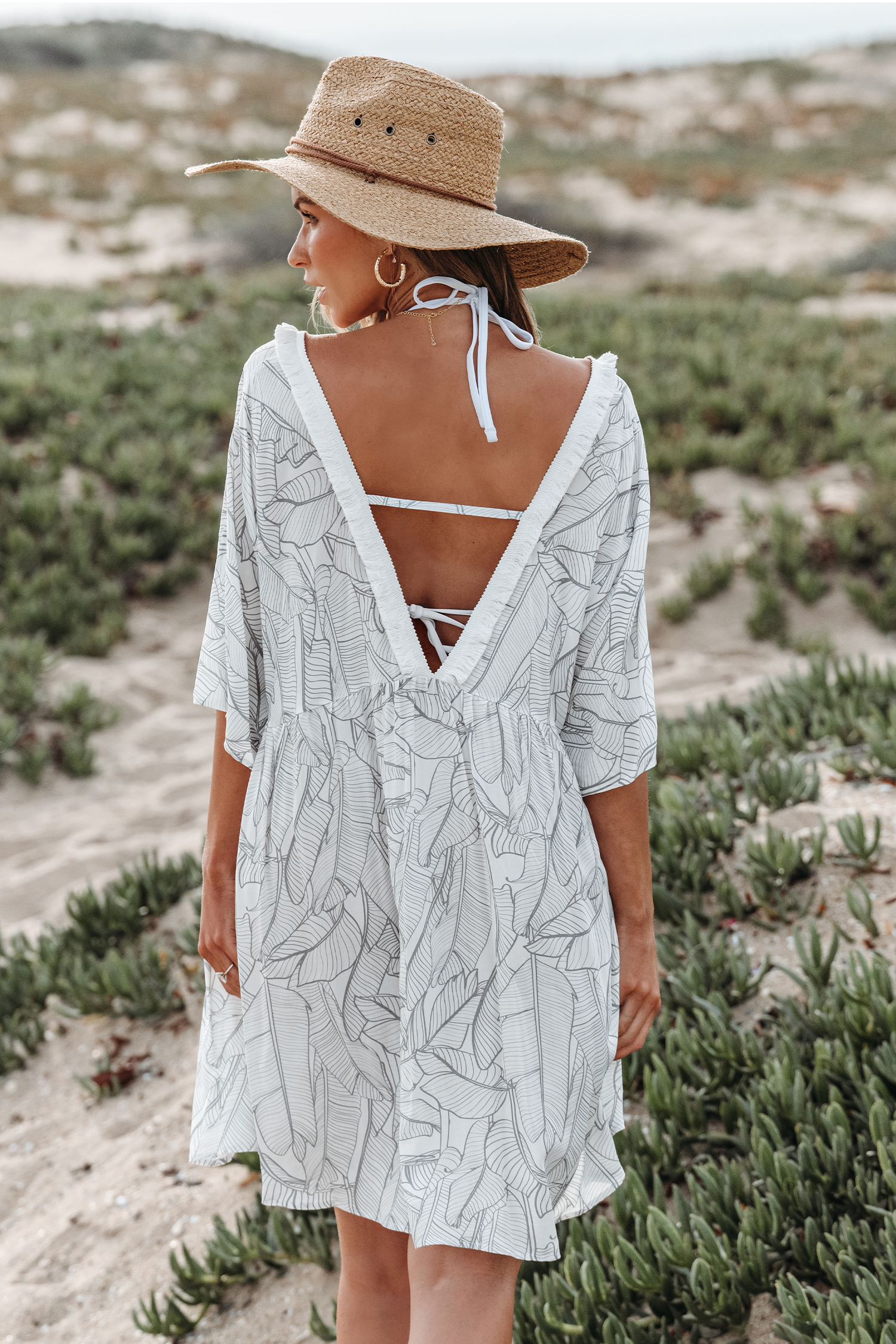 Robe cover up midi à col en V plongeant avec palmes