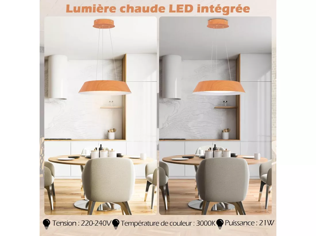 Lustre suspension moderne, luminaire led à lumière chaude 3000 k, ø 40 cm, naturel