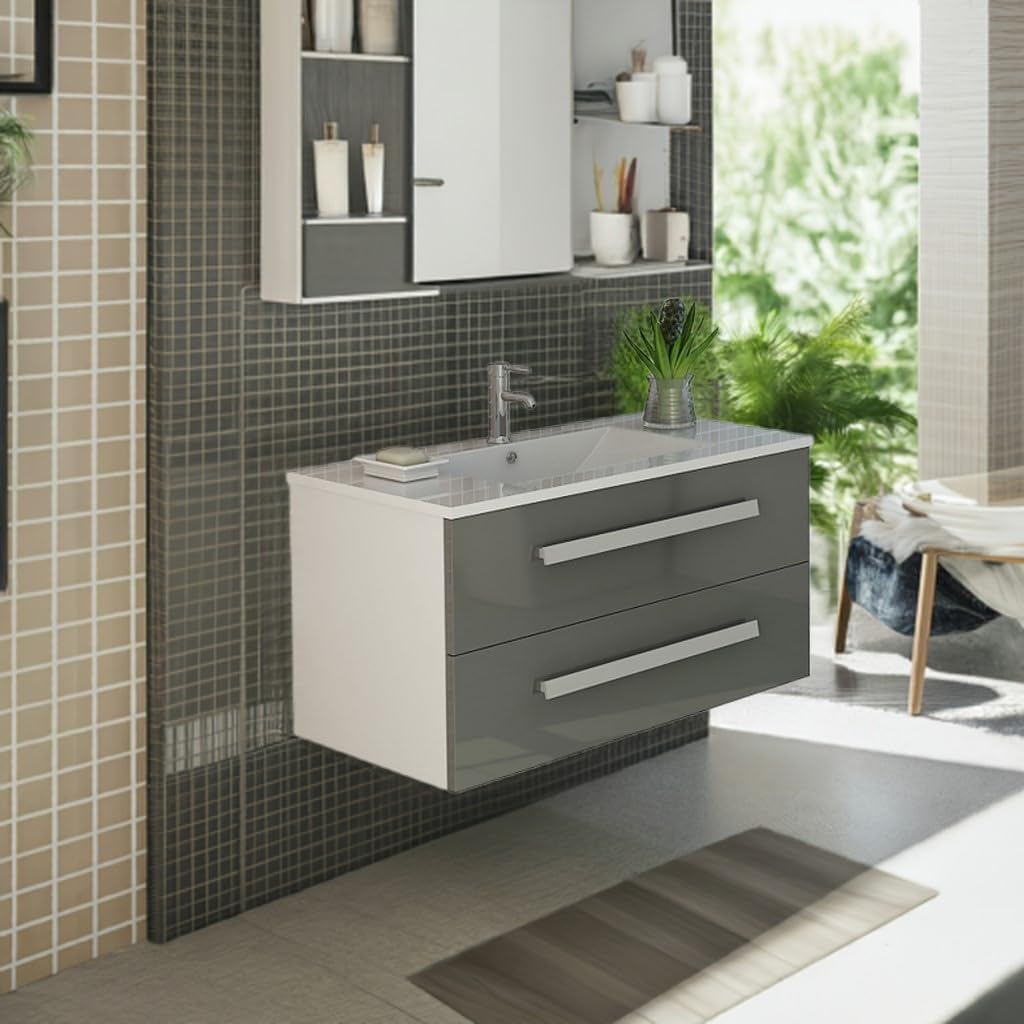 Jet-Line®| Badset Badmöbel Waschtisch | Locarno Schwarz, Weiß oder Grau | Hochglanz Unterschrank | Badmöbelset (Grau) Soft Close | Stilvoller Waschplatz für Bad und WC Keramik Waschbecken