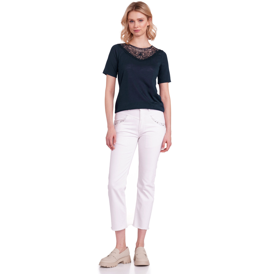 Gina Damen T-Shirt mit Spitzenausschnitt dunkelblau