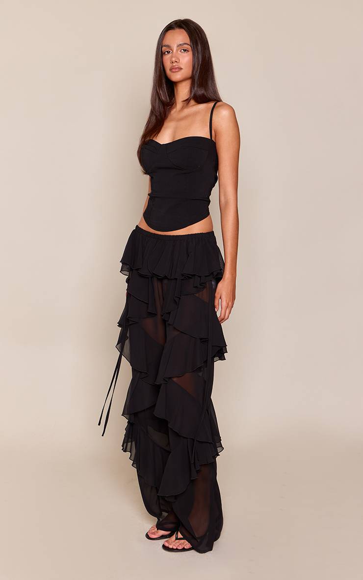Noir Pantalon Large En Mousseline À Volants