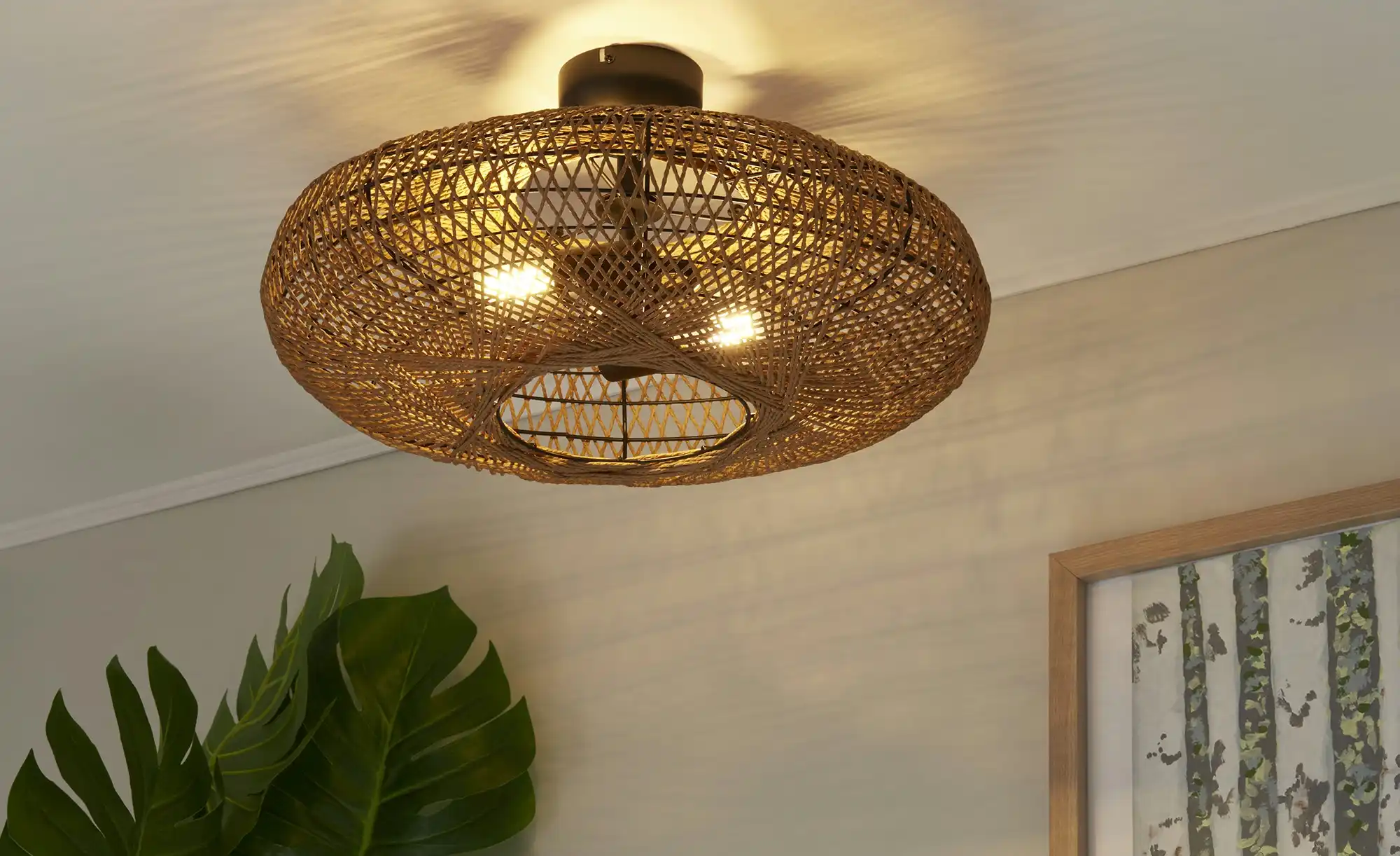 Trio Deckenleuchte, 2-flammig, Schirm aus Sisal