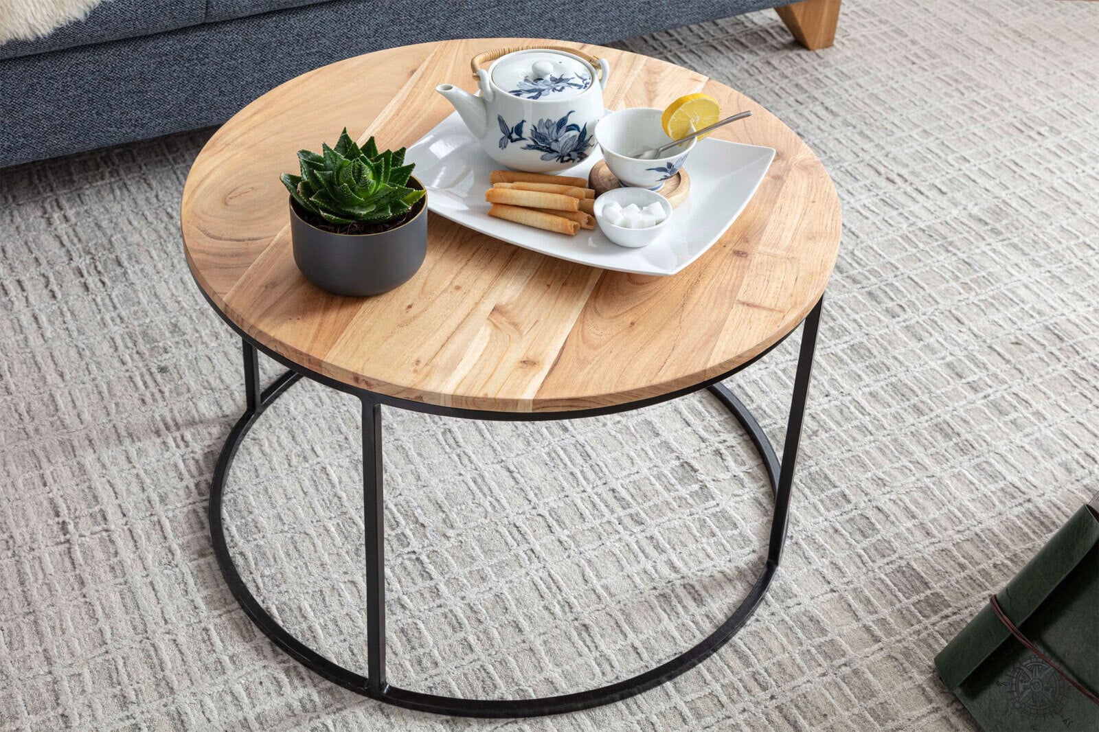 Couchtisch rund Ø 60 cm Schwarz/ Akazie massiv