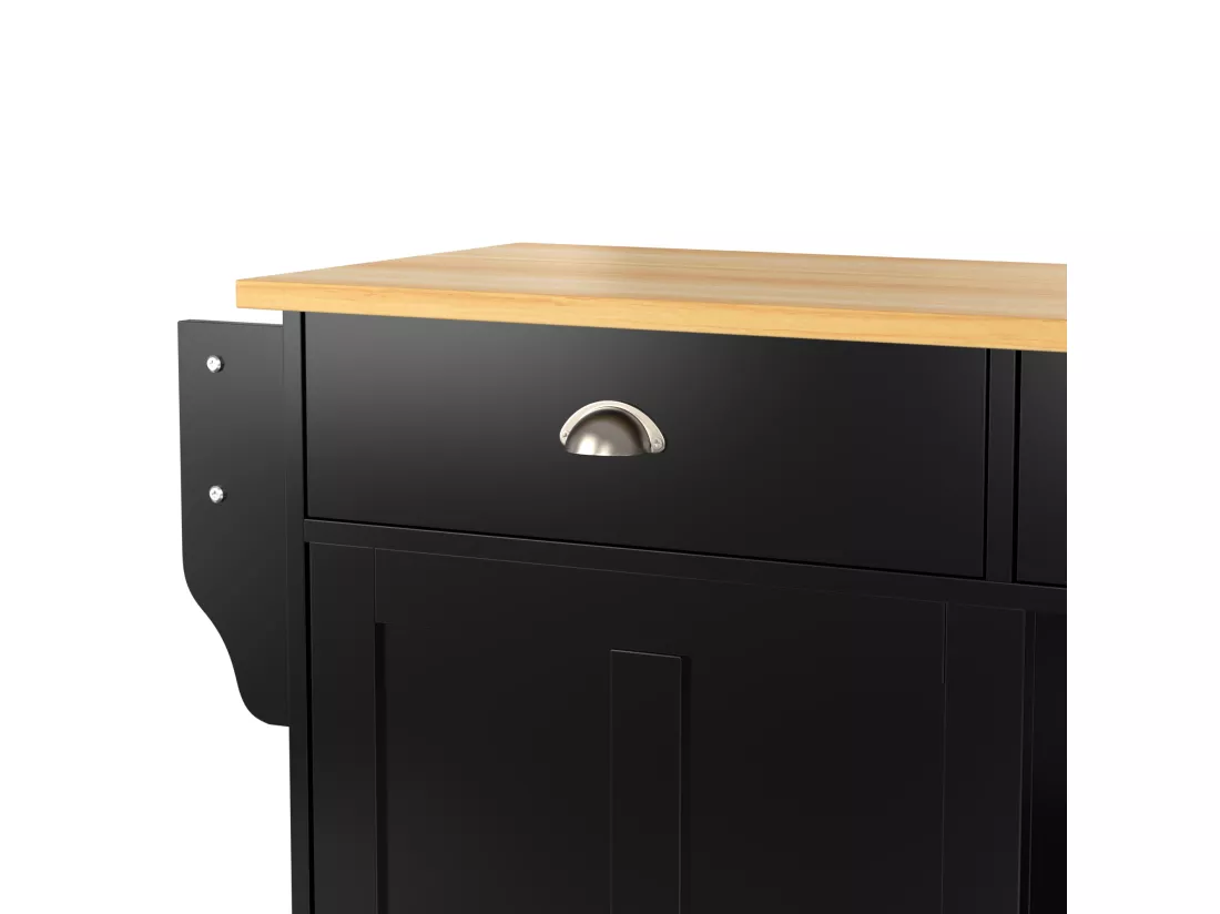 Ilot central de cuisine mobile avec 2 portes coulissantes - plateau extensible - 112x40(70)x94 cm - Bois MDF + métal - Noir et bois