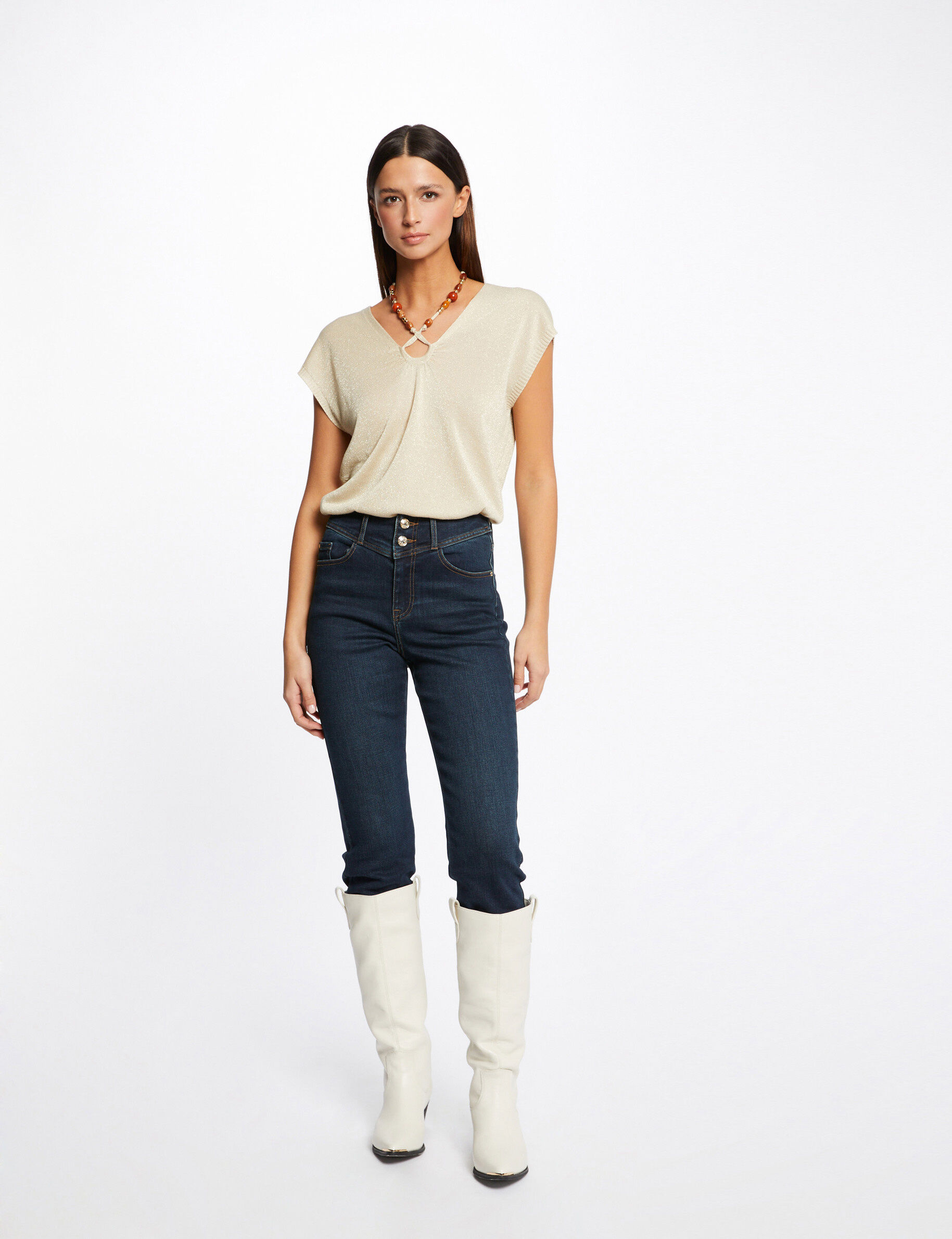 Pull manches courtes avec perles beige femme - beige